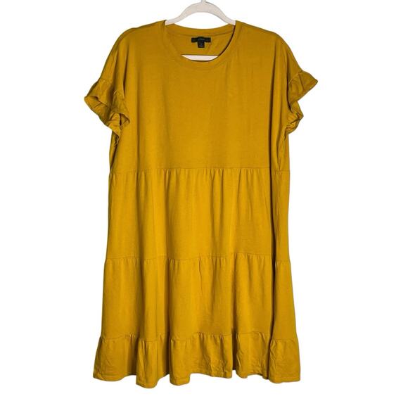 J. Crew Mini Dress Size L 100% Cotton Swingy Tiered Peasant Boho Mustard Yellow - Picture 1 of 10